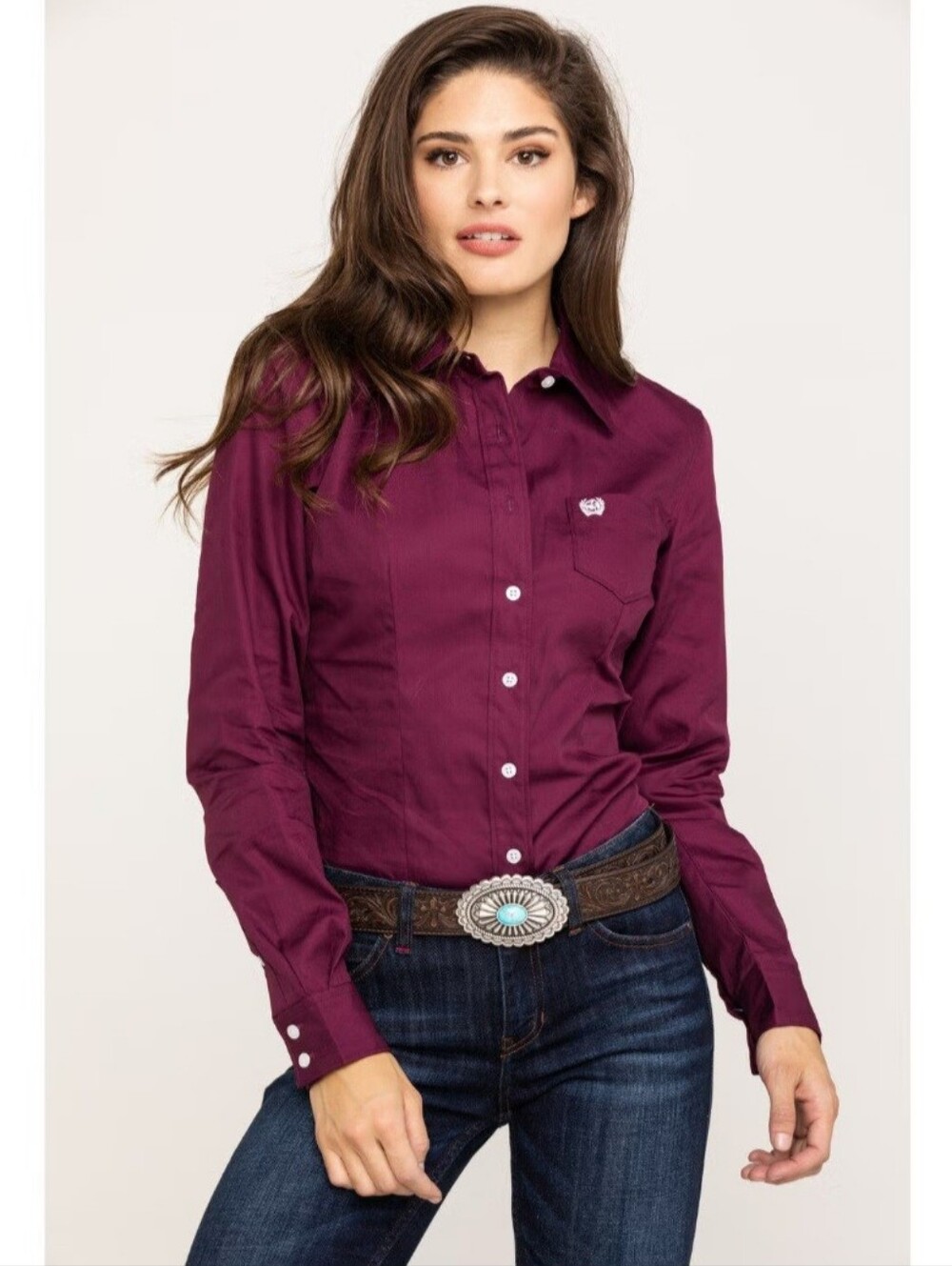 NWT cinch cotton button up large collared shirt burgundy southwestern equestrian